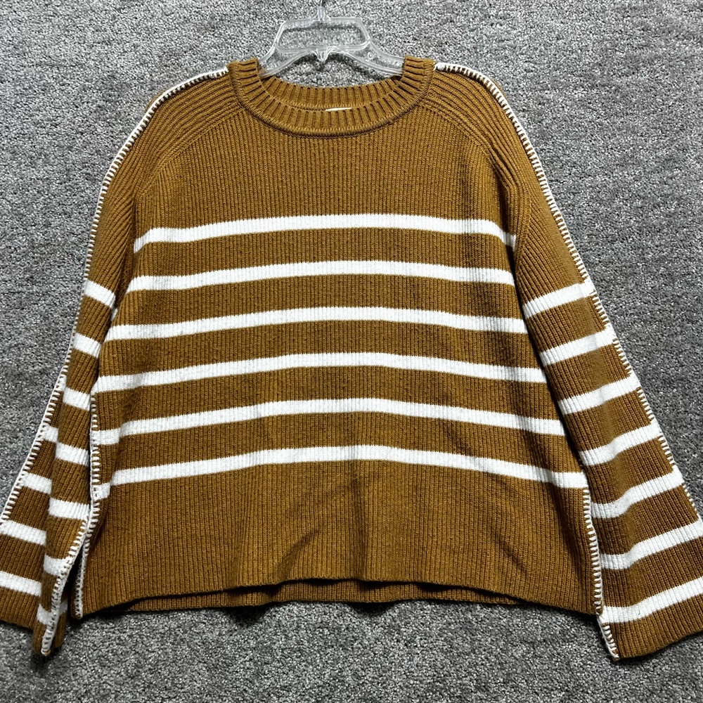 Peach Love Woman’s Tan White Striped Crew Neck Sweater Size Small Oversized